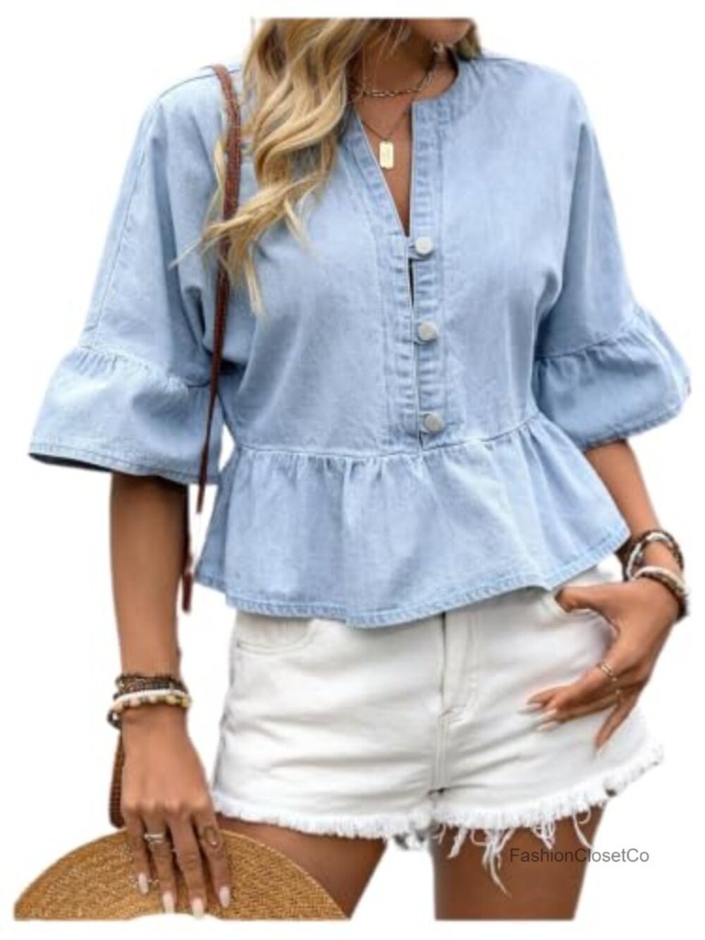 Women's Denim Peplum Top with 3/4 Sleeves and Button Front